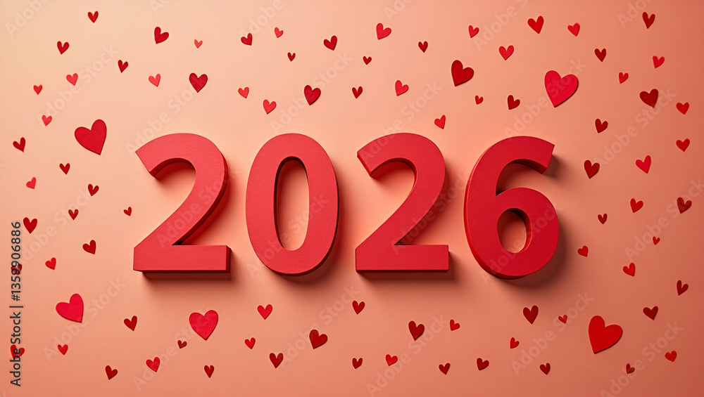 Aufkleber 2026 new year countdown concept: red heart shapes on brown paper background with empty space