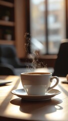 Fototapeta premium Cozy Morning Coffee with Steam Rising from White Cup on Modern Table Surrounded by Soft Light in a Contemporary Office Environment