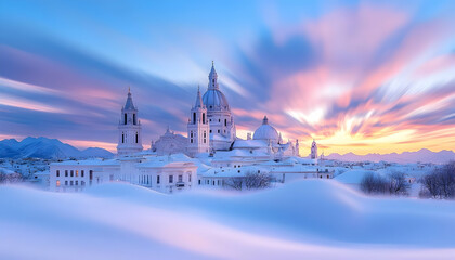 Naklejka premium Snowy Cathedral Sunset, Mountain View, Winter Landscape, Travel Poster