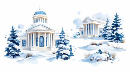 Fototapeta premium Snowy Classical Buildings Winter Landscape; Holiday Card