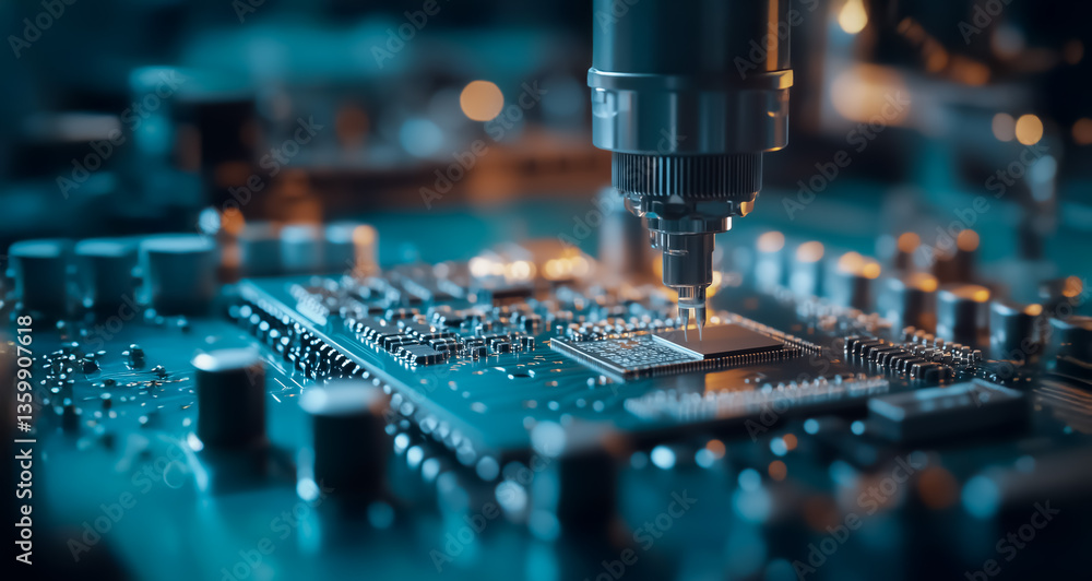 Poster precision robotic nozzle places microchip onto circuit board in high-detail, futuristic environment 