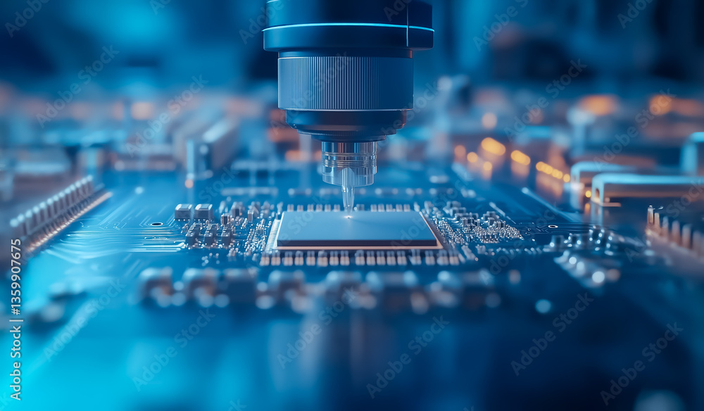 Poster high-precision machine positions a sleek microprocessor on a glowing circuit board during semiconduc