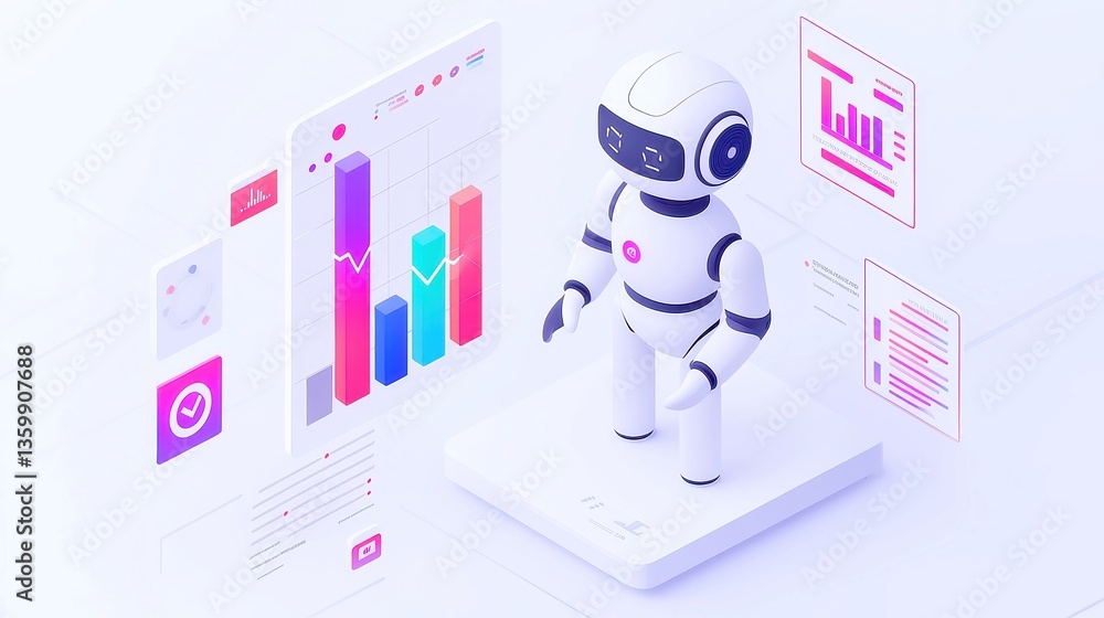 Poster ai robot analyzing dynamic financial data, modern isometric illustration of a white-gray robot with 