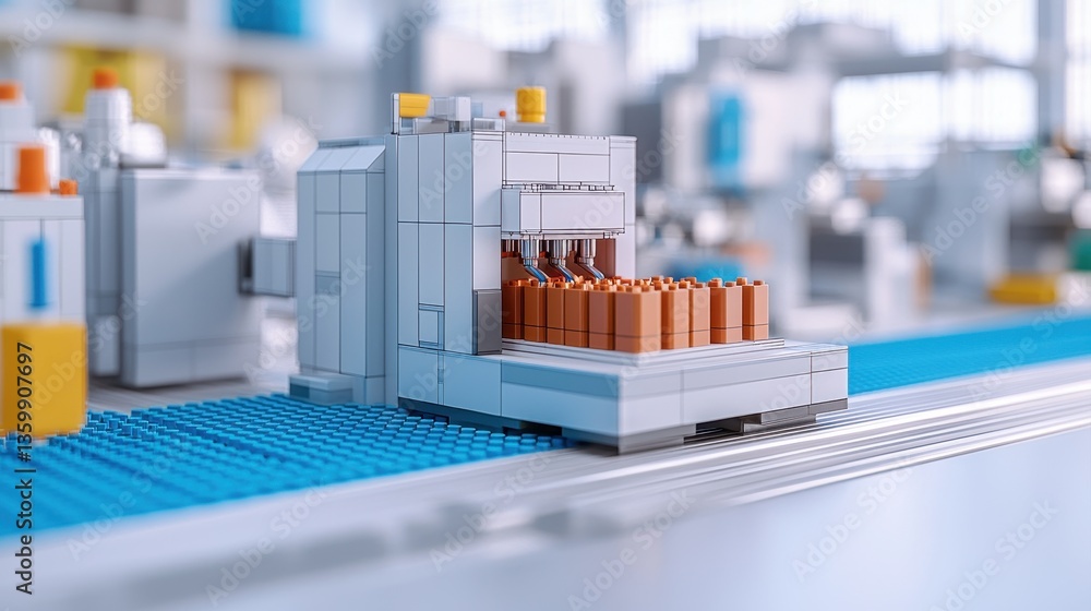 Poster a detailed model of a factory machine made from building blocks, depicting a conveyor belt with arra
