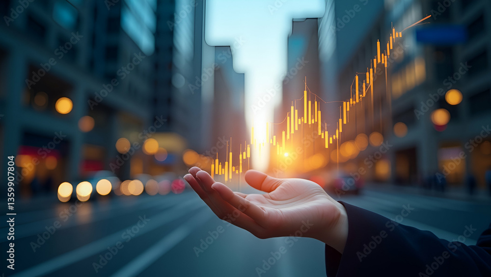Poster double exposure image of stock market investment graph with city background: a business investment a