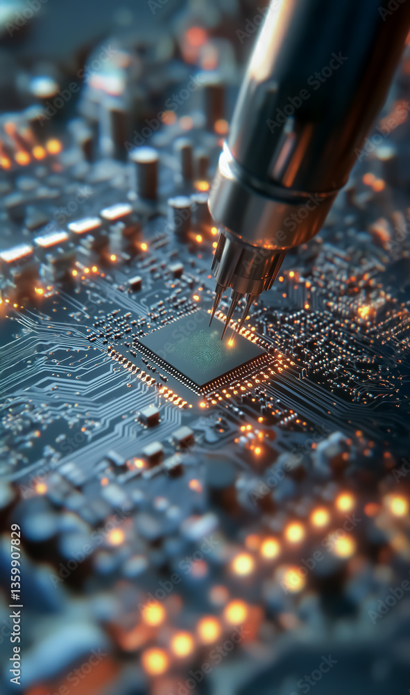 Poster industrial machinery working on a glowing processor with intense focus, showing vibrant circuitry an