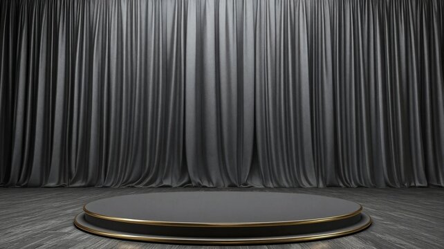 Elegant Black Stage with Gold-Trimmed Platform Against Draped Curtains Background