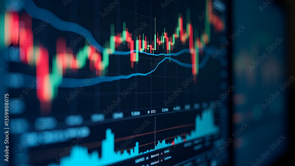 Poster detailed view of stock market exchange interface on computer screen: graphs, numbers, and empty spac