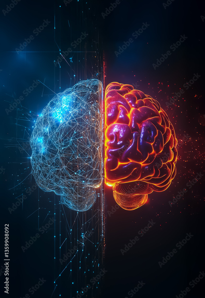 Poster visual contrast of a shiny red brain and a mesh-like glowing blue neural brain, representing technol
