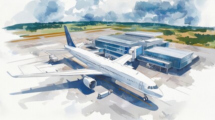 A watercolor illustration of an airplane on a runway next to a modern airport terminal, set against a cloudy sky and green landscape.