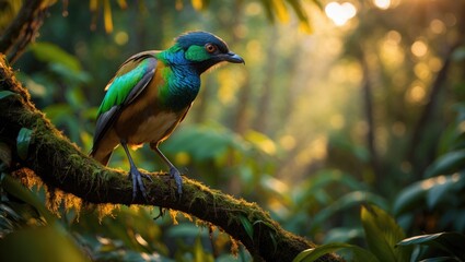 Obraz premium Tropical forests serve as a habitat for a rare bird.