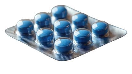 Healthcare and Medicine: A close-up perspective of neatly arranged blue pills in a blister pack, a visual representation of treatment and wellness.