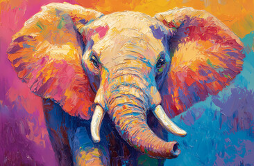 Obraz premium Elephant's Rainbow Portrait: Vibrant painting of an elephant's head, rendered in an explosion of colors, celebrating the majesty of the animal kingdom and the expressive power of art.