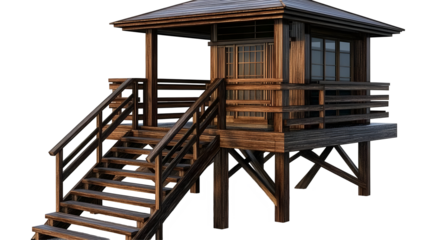 Isolated Transparent Background of Brown Wooden Guardhouse Tower