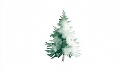 Elegant evergreen tree painted with watercolor, shades of white and green, on a clean white background