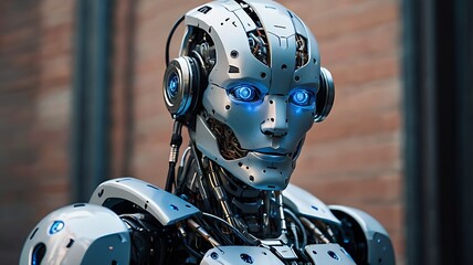 Close-up of a futuristic robot head with gears, featuring a metal skull-like design and robotic elements