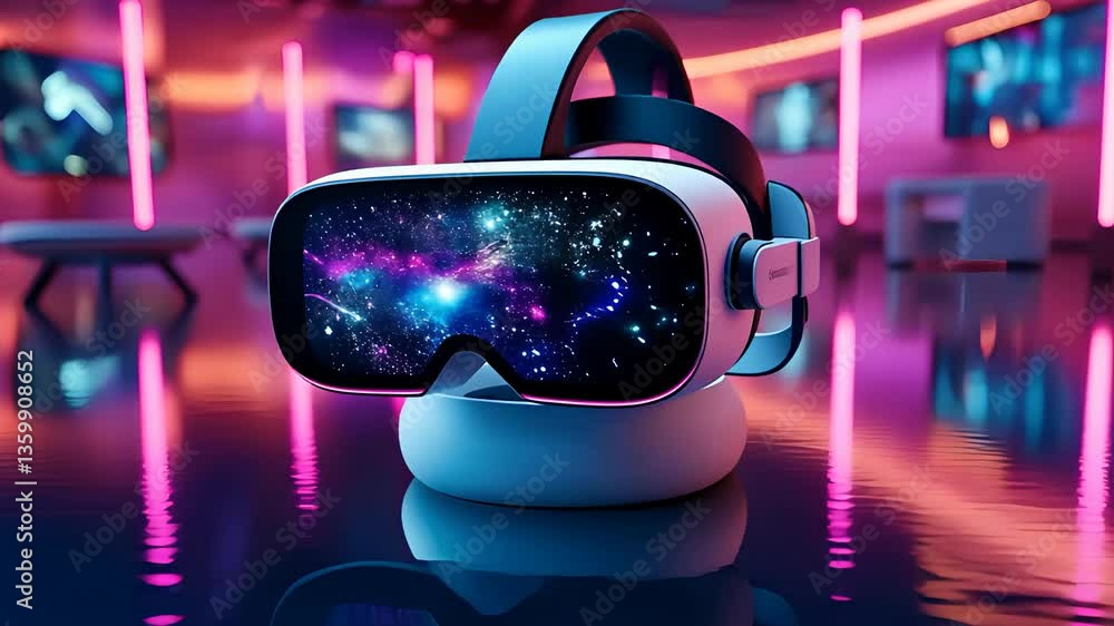 Poster virtual reality headset with galaxy display in neon room for tech and gaming projects