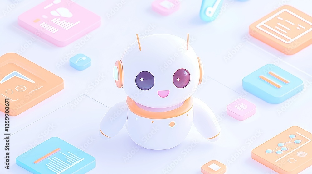 Aufkleber ai marketing insights, an isometric illustration showcasing a robot interacting with colorful market