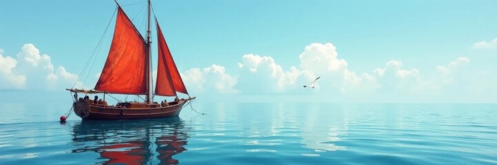 Fototapeta premium Sailboat anchored in calm waters with fishing nets and seagulls, sea, marine