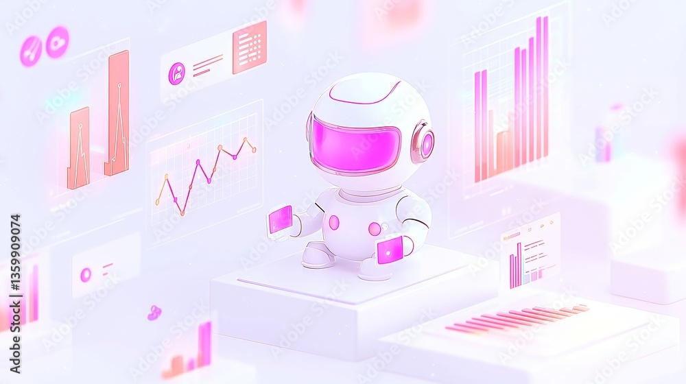 Poster futuristic ai robot analyzing business metrics sleek isometric design featuring a cutting-edge ai ro