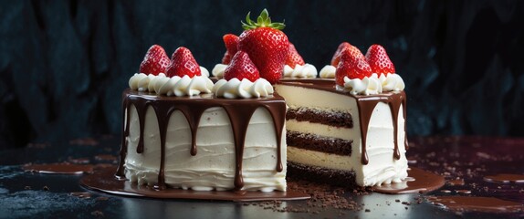 White cream chocolate drizzling on strawberry-topped cake being cut.