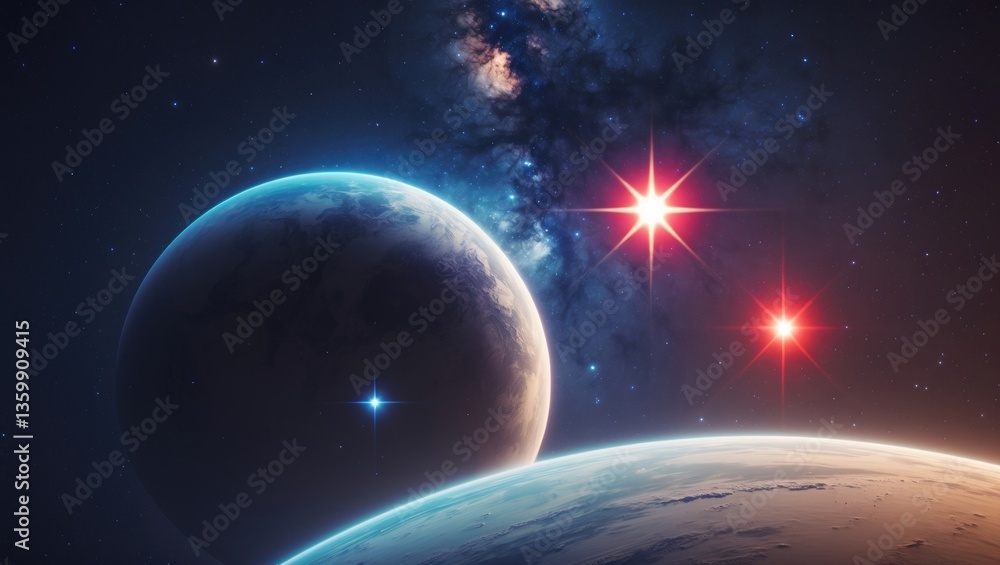 Poster a planet in a binary star system. deep space features blue and red stars. speculative science.