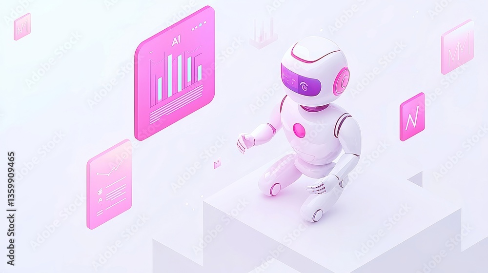 Poster ai product performance insights, isometric illustration of an ai robot engaging with floating analyt