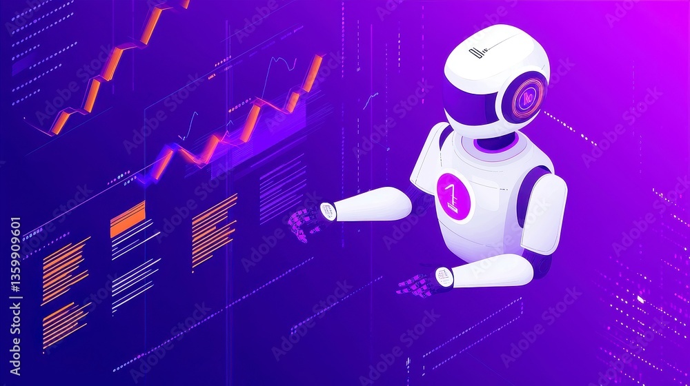 Poster futuristic ai robot analyzing dynamic market trends, minimalist illustration of a robot engaging wit