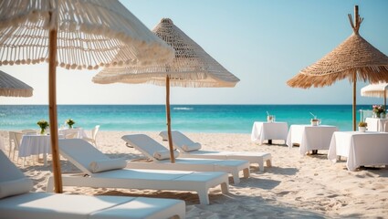 Obraz premium View of the beach club featuring modern white sun loungers, knitted macrame umbrellas for shade, the ocean in the distance, and tables at the food corner.