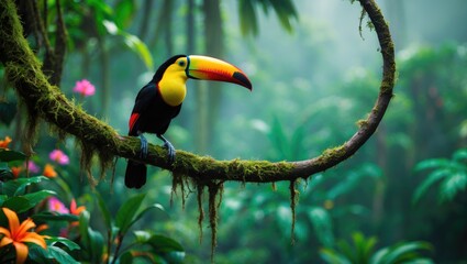 Obraz premium A toucan perches on a curved branch in the heart of the jungle.