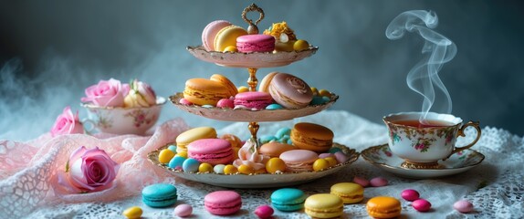Assortment of treats accompanied by a glass of tea. Grey backdrop.