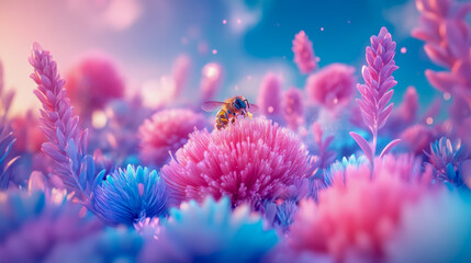 Dreamy Nectar Quest: A Bee's Spring Foray into a Field of Pink and Blue Flora