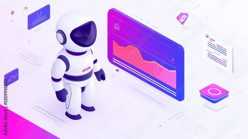 Poster futuristic robot portfolio analysis, advanced ai robot evaluating dynamic investment charts and icon