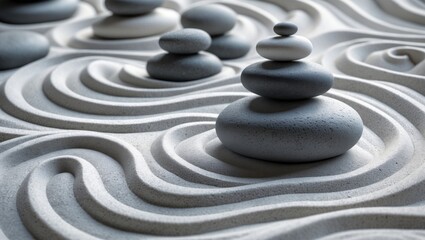 Zen garden. Structures of white and gray zen stones placed on white sand with abstract wave patterns. Concept of harmony, balance, and meditation, spa, massage, relaxation.