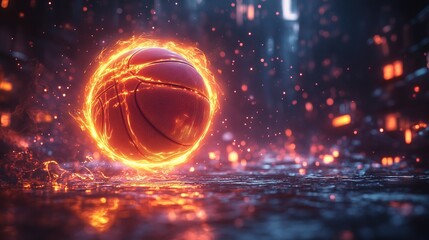 Obraz premium **A glowing neon basketball hovering in mid-air, isolated on a dark futuristic background, with an energy aura surrounding it.
