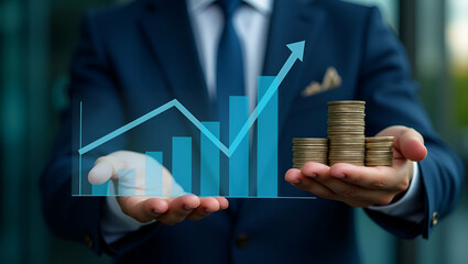 Maximize Your Profits: Businessman Analyzing Virtual Trading Graphs Amidst Blurred Coins - A Powerful Investment and Finance Concept for Stock Market Growth