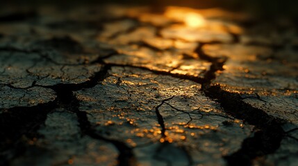 Obraz premium Sunset illuminates cracked earth, drought, field