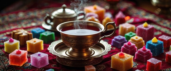 Fototapeta premium Traditional tea served with lokum and muska pestili, Turkish delight. Oriental confections.