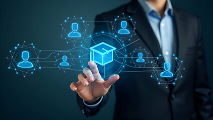 Flat Businessman Engaging with Holographic Job Search Icons: Resumes, Graduation Caps & Global Networking