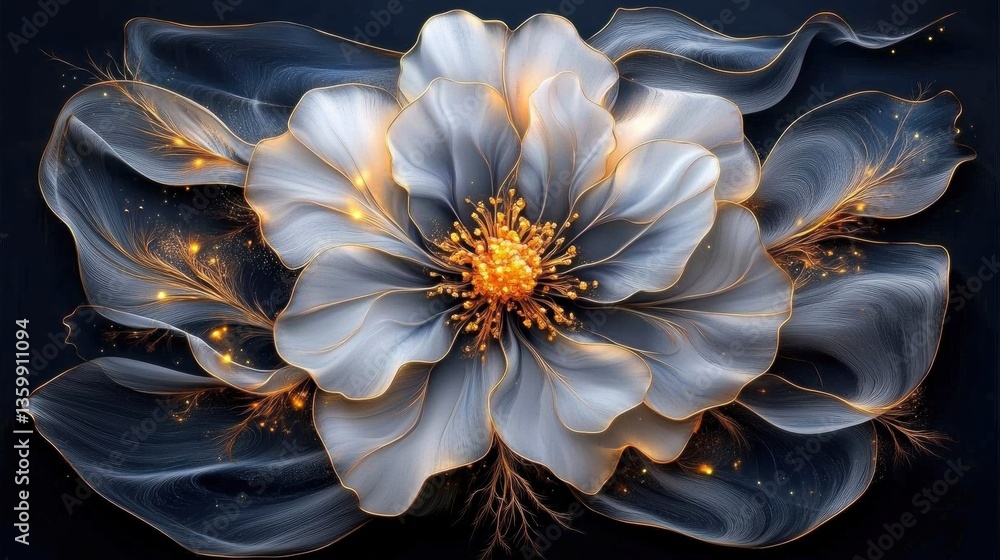 Poster luminous white flower with gold accents and translucent grey petals set against a dark background cr