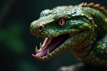 Obraz premium Serpentine face with forked tongue out, scales glistening in the light, reptilian features, animal behavior