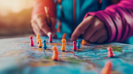 Obraz premium Strategic Planning: A Map Dotted with Game Pieces Represents a Journey Plan