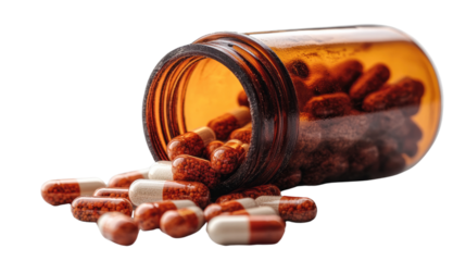 Medicine in a Bottle: Illustrating the essence of health, wellness, and pharmaceutical solutions, this image showcases a collection of pills spilling from a brown bottle, suggesting care, medicine.