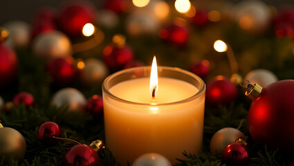 Elegant Candle with Holiday Decor: Cozy Ambiance for Marketing