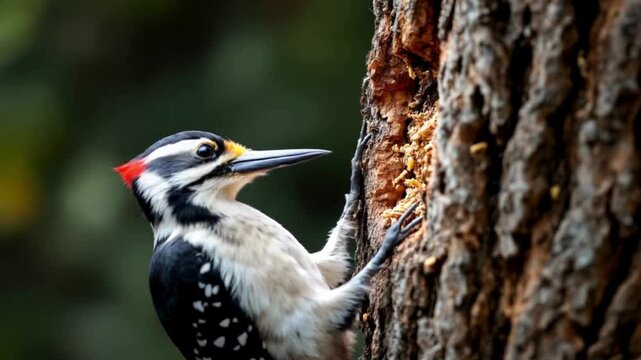 A woodpecker drilling into a tree, creating small splinters as it searches for insects, showcasing its incredible skill and speed in a captivating wildlife scene