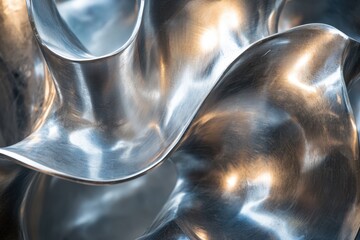 Dynamic curves of reflective metal sculpture in urban environment showcasing modern artistry