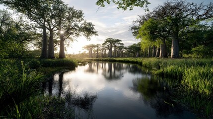 Obraz premium Majestic baobab trees reflected in tranquil river african landscape nature photography early morning serenity