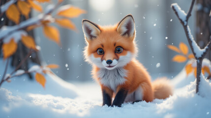 Obraz premium cute fox sits in snow, surrounded by autumn leaves, creating charming winter scene