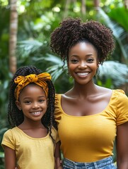 A mother and daughter smiling together in a bright sunny pose