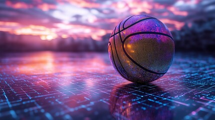**A holographic basketball with iridescent colors shifting in the light, floating against a futuristic digital grid.